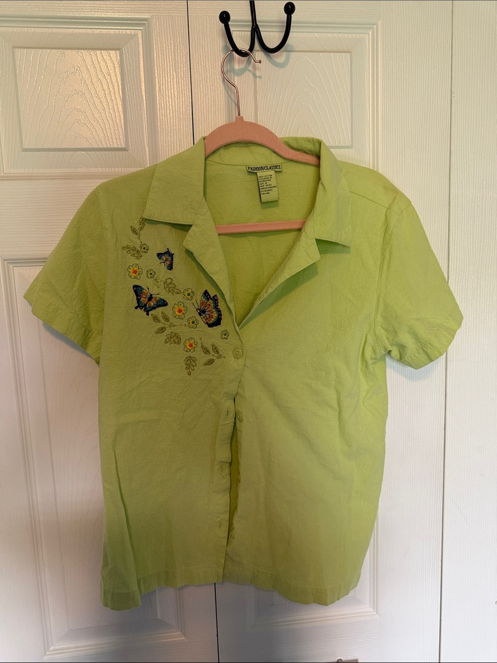 Green Embroidered Butterfly Button-Front Blouse